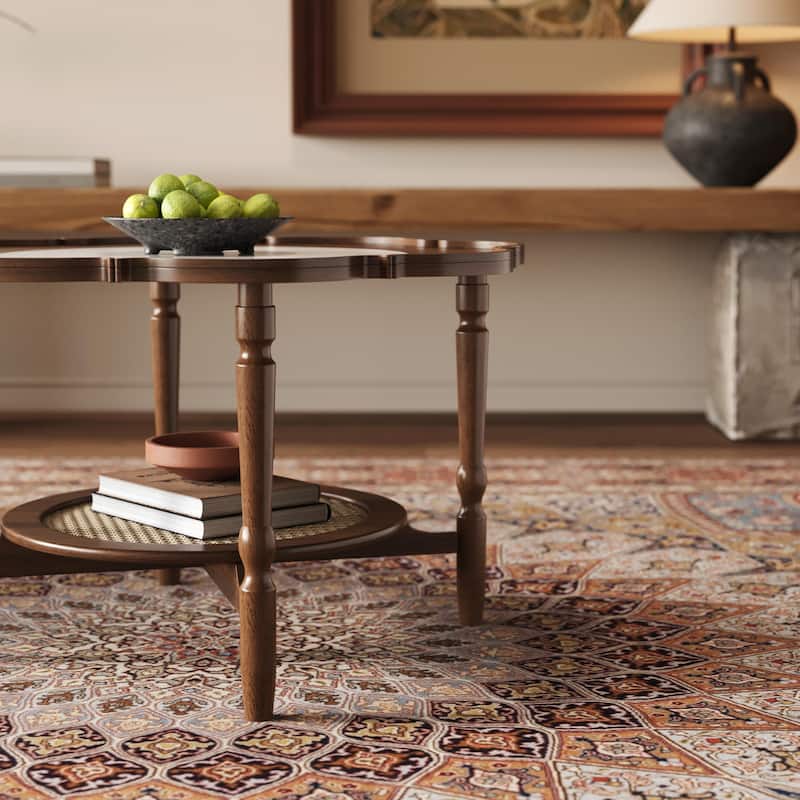 Mid-Century Style 2-Tier Coffee Table with Petal-Shaped White Crackle Pattern Glass