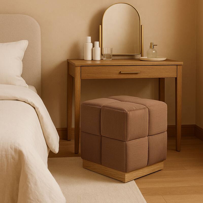 Esme Checker Weave Corduroy Accent Stool with Soft Fabric