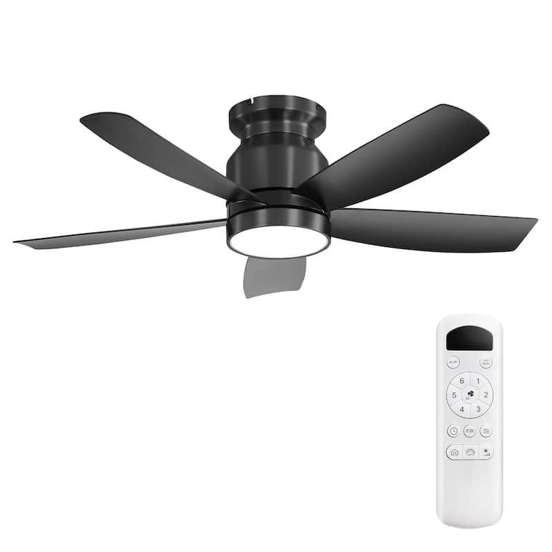 Sofucor 42 Inch Low Profile Flush Mount Ceiling Fan with Light, Remote Control, 5 ABS Blades,Reversible Quiet DC Motor - Black with Black Blades