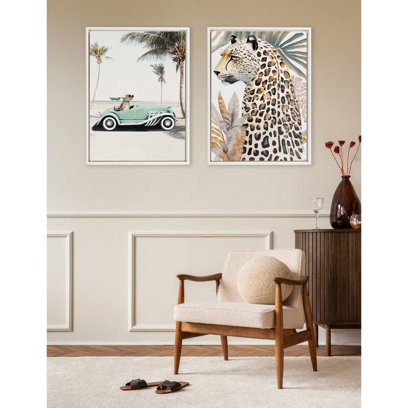 Kate and Laurel Sylvie Beaded Leopard in Car Beach Palms Framed Canvas by July Art Prints