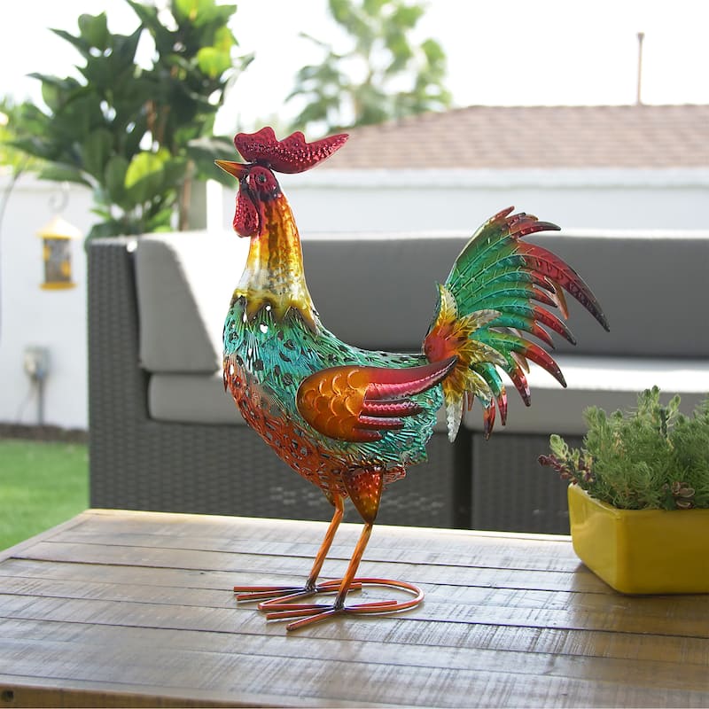 Alpine Corporation 16" Tall Outdoor Metallic Rooster Standing Yard Statue Decoration