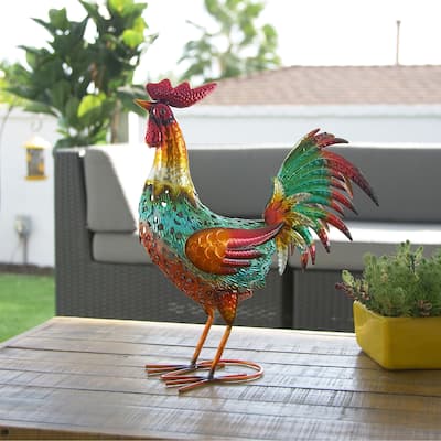 Alpine Corporation 16" Tall Outdoor Metallic Rooster Standing Yard Statue Decoration