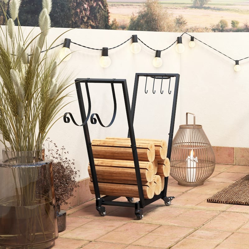 Metal Log Rack with Swivel Casters and Hooks Black Indoor and Outdoor Firewood Storage - 31.1" x 11.8" x 31.9"