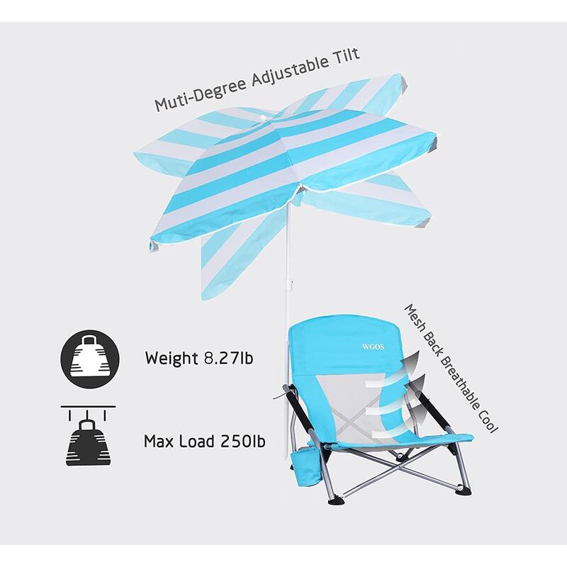 Low Beach Folding Camping Chair with Detachable SPF 50 Umbrella, Armrests with Cup Holder, Portable Lightweight Outdoor