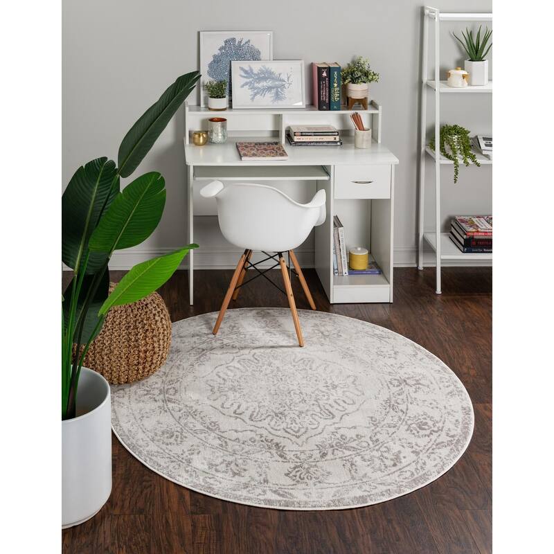 Contemporary Trabzon Collection Area Rug - Cream-Gray - 5' Round