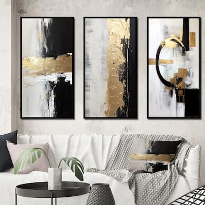 Designart "Horizontal Dimensions Abstract Gold Black" Abstract Painting Frame Gallery Set Of 3 For Office Decor