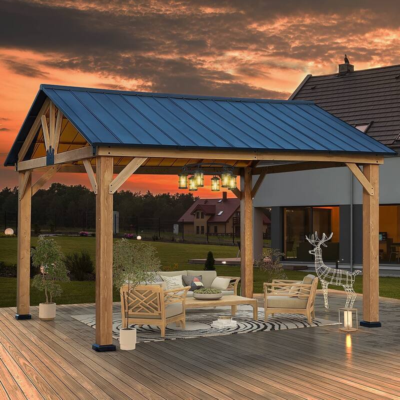 Cedar Wood Gazebo for Outdoors - Hardtop Waterproof Backyard Pergola, Natural Wood Patio Cover with Easy Assembly