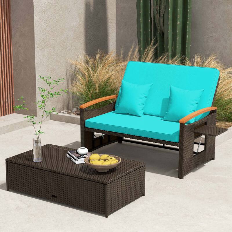 Costway Patio Rattan Daybed Set with Cushioned Loveseat & Storage - See Details