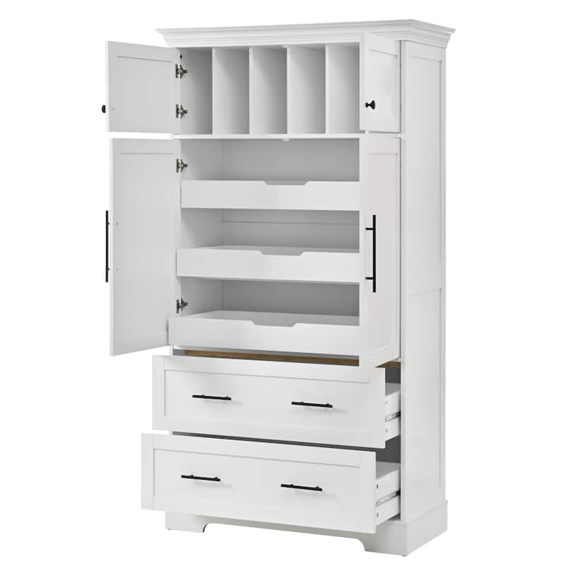 Farmhouse Kitchen Pantry, 40"W - 4-Door Freestanding Cabinet with Pull-Out Trays, Drawers & Pan Storag