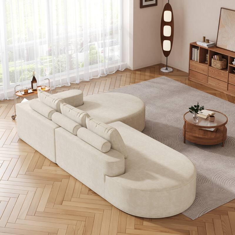 L Shaped Modular Curved Sectional Sofa, Chenille Upholstered 3 Seat Sofa, Corner Sofa with 3 Pillows for Living Room, Bedroom
