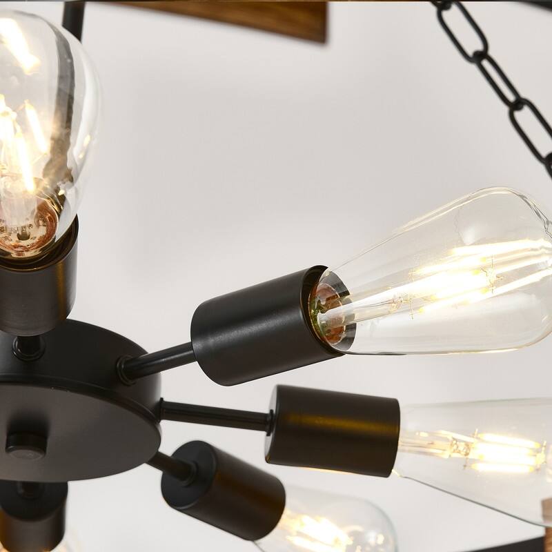 Farmhouse Drum Chandelier Wood Grain Rustic Industrial Round Metal Pendant Light