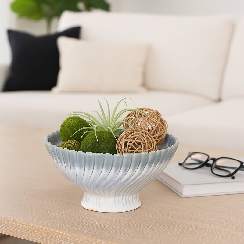 Decorative Ceramic Textured Pedestal Bowl - 10", Blue & White - 10.0"
