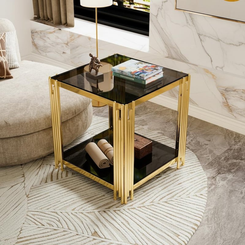 Square Gold & Glass End Table with 2-Tier Shelf and Sculptural Metal Frame by Harper&Bright Designs