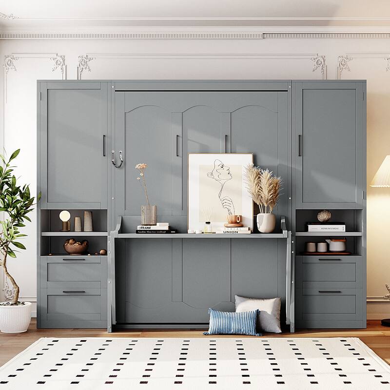 Full Size Murphy Bed with Closet, Drawers & Shelves - Space-Saving Wall Bed with Storage for Small Rooms