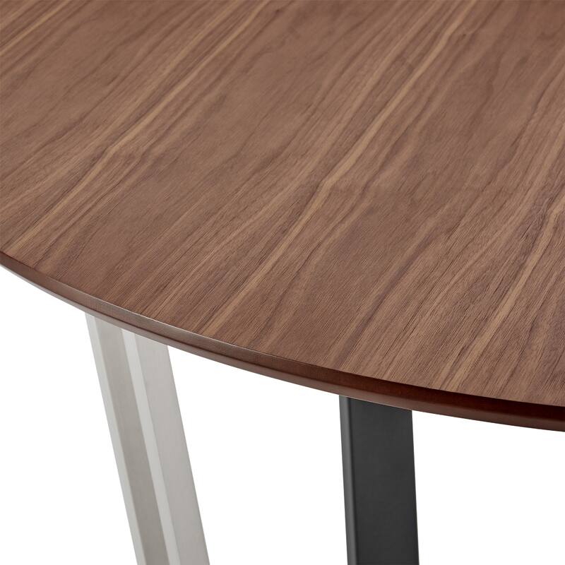Leyne 48 Inch Round Dining Table, Stainless Steel, Black Iron, Walnut Veneer - Walnut Brown, Black, Silver