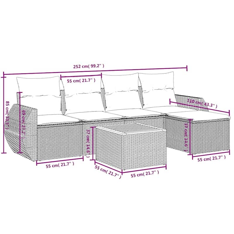 vidaXL 6 Piece Patio Sofa Set with Cushions Black Poly Rattan - 21.7x 24.4x 27.2