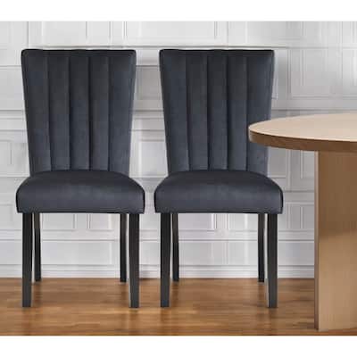 Set of 2 Black Velvet Dining Chairs with Channel Tufted Back - 25.25” x 19.50” x 38.25”