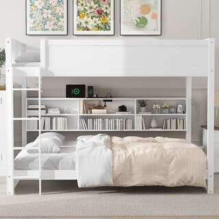 Queen over Queen Bunk Bed with Storage Cabinets and USB Ports