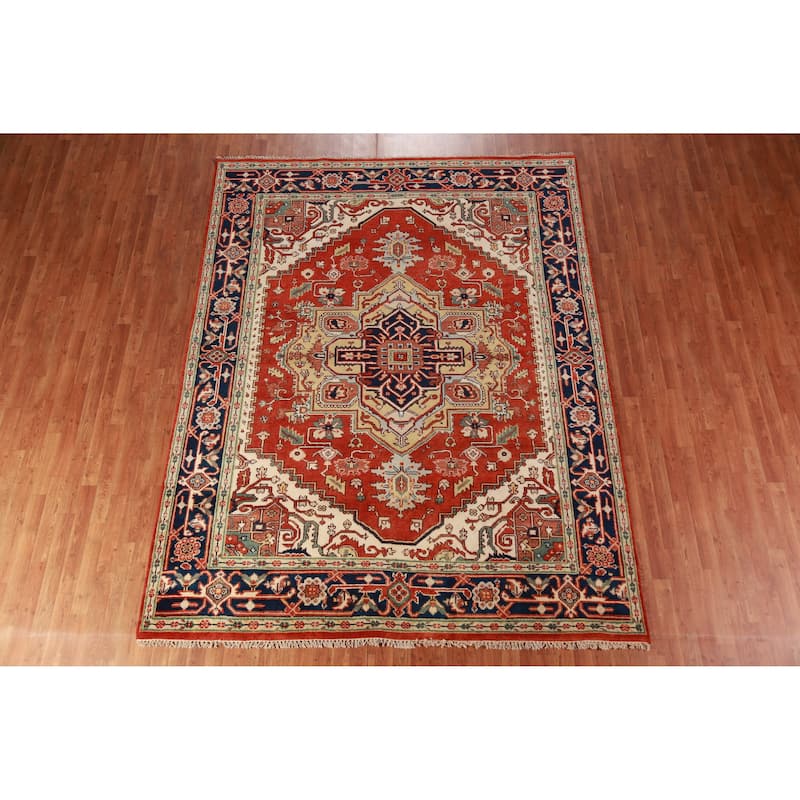 Hand Knotted Oriental 100% Wool Carpet Traditional Medallion Oranges & Rust Heriz (serapi) Area Rug - 10' 0'' X 7' 10''