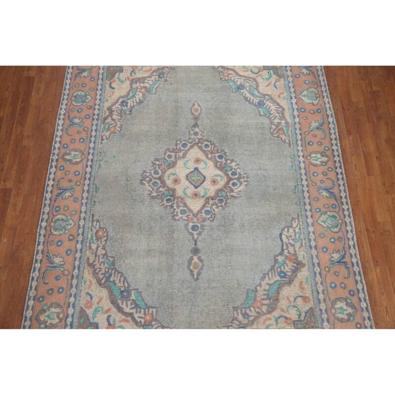 Hand Knotted Oriental 100% Wool Carpet Traditional Medallion Greys & Charcoal Tabriz Area Rug - 9' 6'' X 6' 9''