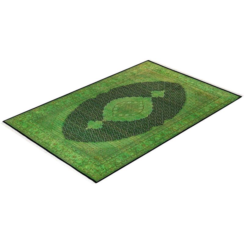 Overton Hand Knotted Wool Vintage Inspired Modern Contemporary Overdyed Green Area Rug - 6' 1" x 9' 3"
