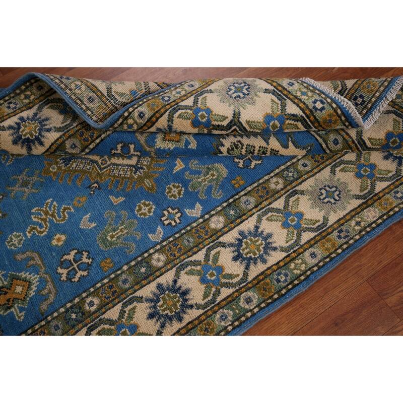 Blue Geometric Kazak Rug Handmade Oriental Wool Carpet - 3'4" x 5'0"