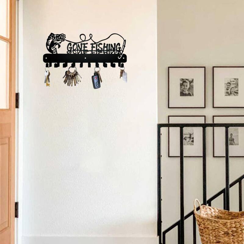 Black Metal Fish Shaped Key Rack with Wall Hook for Coastal Kitchens and Entryways - 11.81”L x 12.2”H