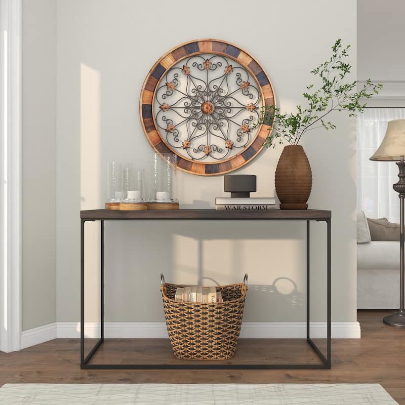Brown Wood Medallion Scroll Home Wall Decor with Metal Fleur-De-Lis Detail