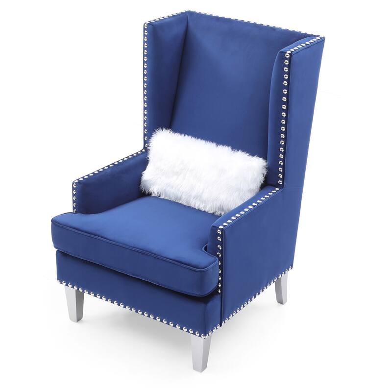 Velvet High Back Accent Chair with Fur Pillow - 47" - Blue