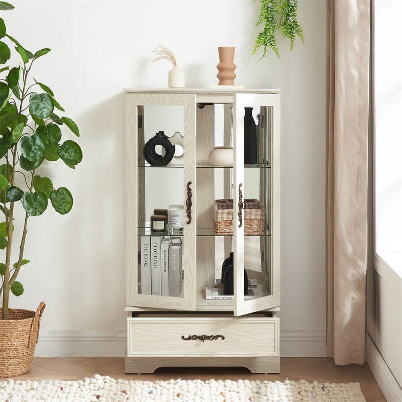Lighted Glass Display Curio Cabinet with Door, 3 Shelves, Bulb, Drawer - White