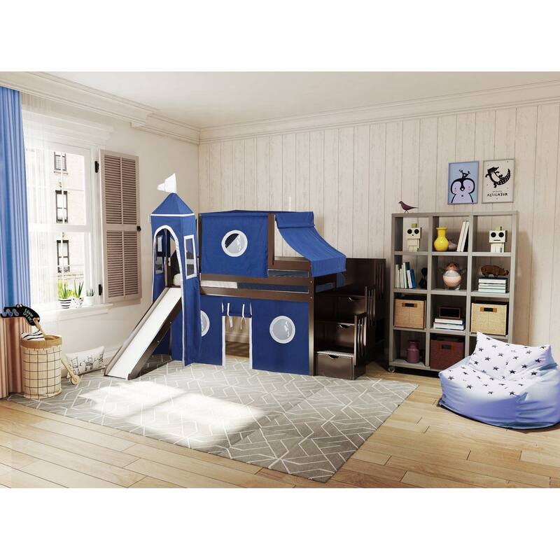 JACKPOT Prince & Princess Low Loft Twin Bed, Stairs Slide Tent & Tower