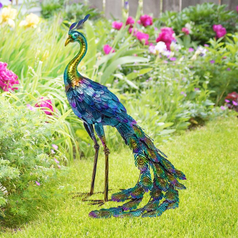 Alpine Corporation 23" Tall Outdoor Metallic Peacock Tail Spread Yard Statue Decoration, Multicolor