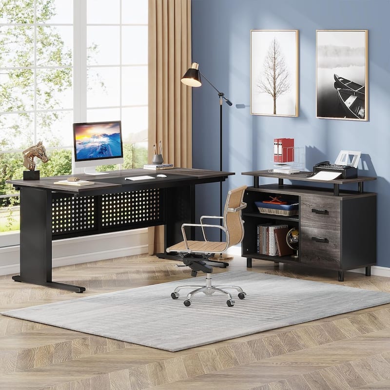 63 Inch Executive Desk with File Cabinet, Large Office Desk L Shaped Computer Desk