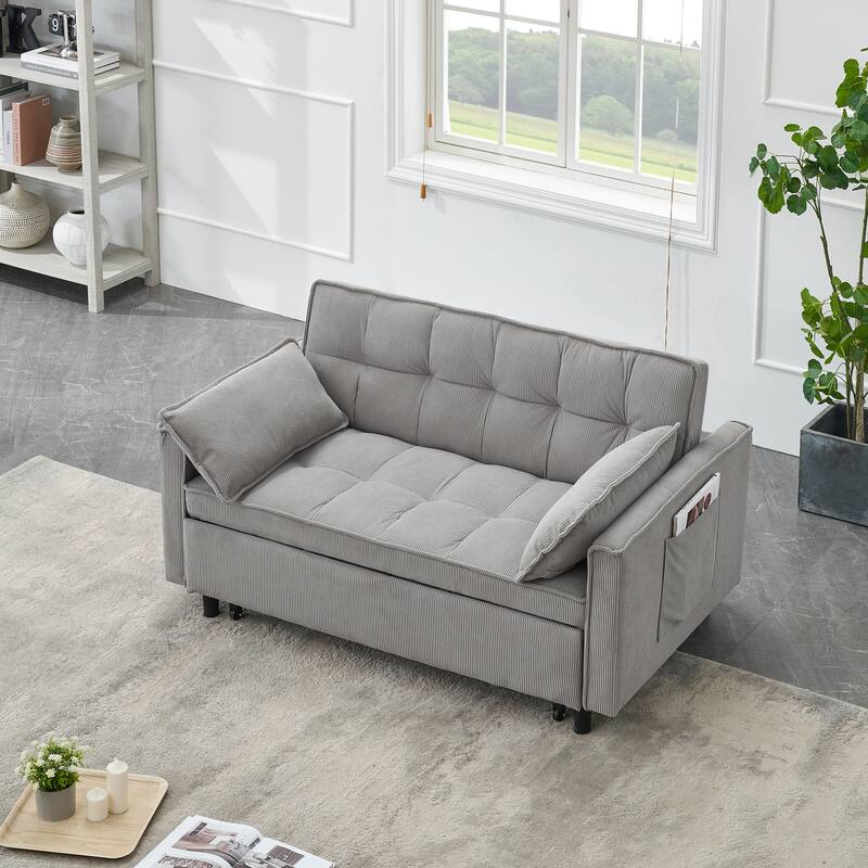 Corduroy Pull Out Loveseat Sofa Convertible Sleeper Love Seat Bed Adjustable Backrest Tufted Couch w2 Pillo & Pockets