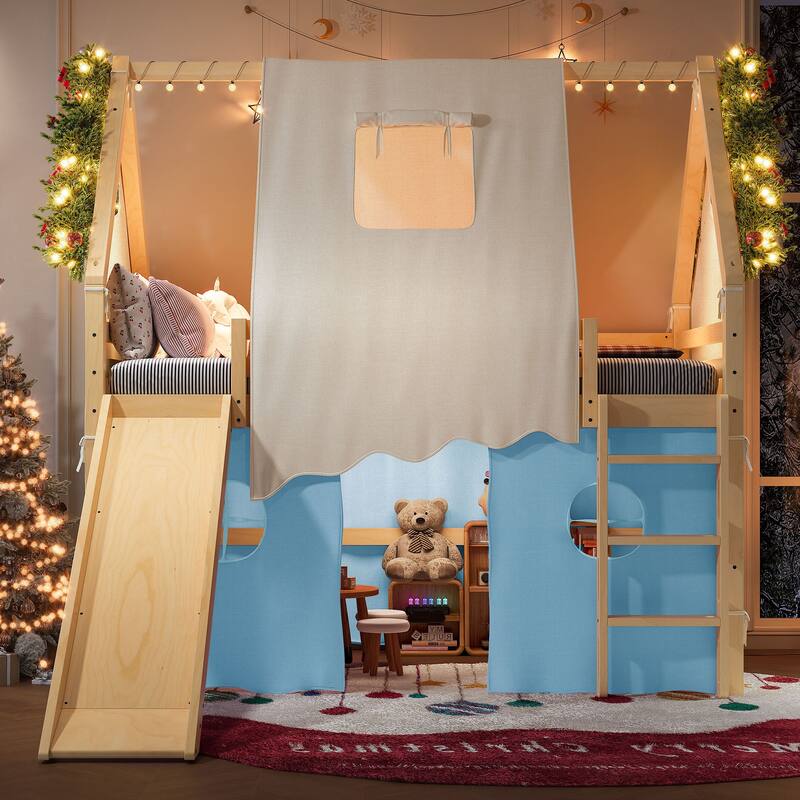 Fairytale Loft Bed Wooden House Bed with Tents, Light Strip and Slide - Blue - Full