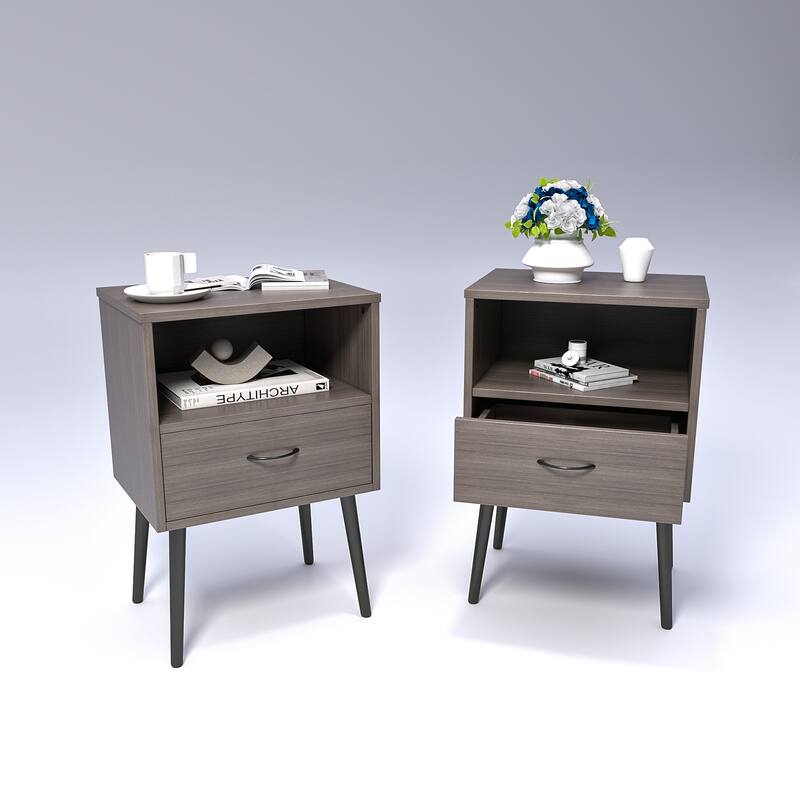 Set of 2 Nightstand Side Table Lamp Table with Drawer, File Cabinet Dressing Table Corner Table with Open Shelf