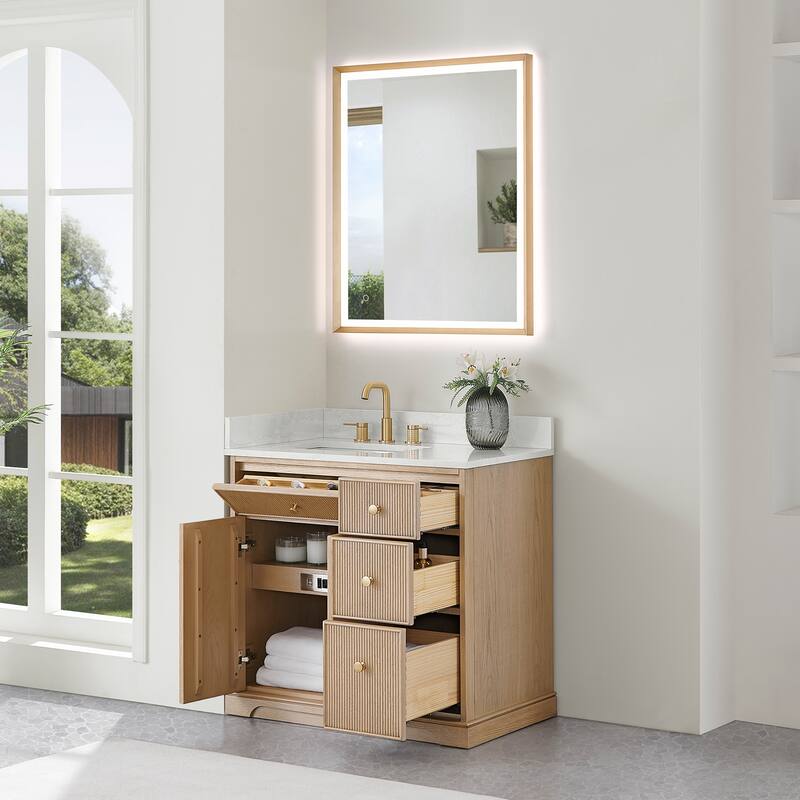 Barnett Bathroom Vanity in Natural Oak with Grain White Engineered Stone Countertop No Mirror