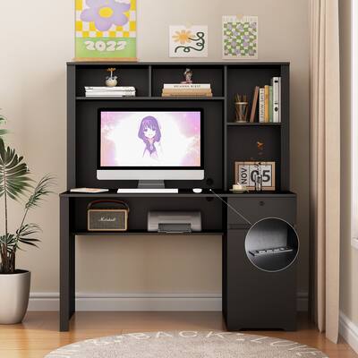 Wood Computer Desk with Hutch, Bookshelf, Storage Drawers, USB Ports, and Voice-Controlled Night Light for Home Office