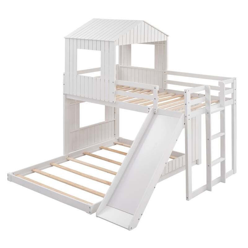 Twin Over Twin Loft Bunk Bed Playhouse Bedframe with Slide and Roof