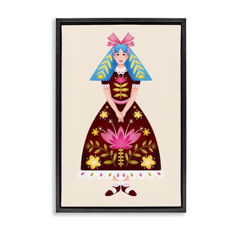 Stupell Blue Haired Folk Girl Framed Floater Canvas Wall Art Design By Hannah Moren - 21 x 31 - Black
