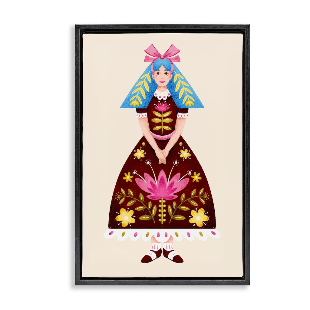 Stupell Blue Haired Folk Girl Framed Floater Canvas Wall Art Design By Hannah Moren