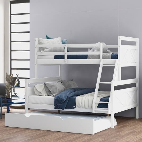 slide 2 of 9, White Twin over Full Bunk Bed with Inclined Ladder, Trundle, and Guardrails White