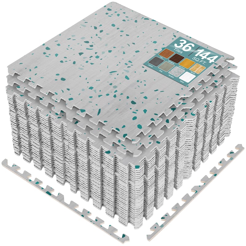 Sorbus 144 Sq. Ft. Wood Grain Floor Tiles Foam Mat EVA Interlocking Mats Tile 3/8-Inch Thick Flooring Wood Puzzle Exercise Mats - Marble Light Terrazzo