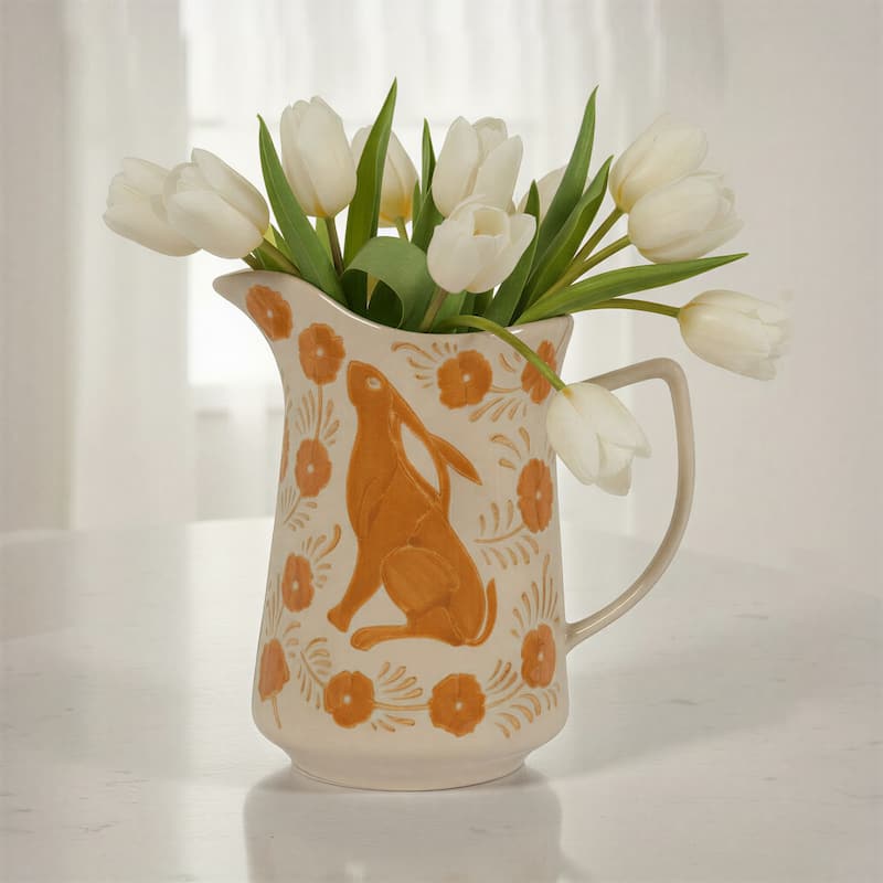 Stoneware Pitcher with Painted Rabbit and Florals - Brown