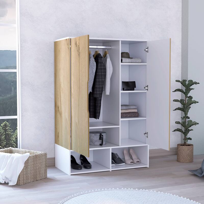 Rosie Armoire Two Door with Two Open Shelves, Five Shelves and Hanging Rod - N/A