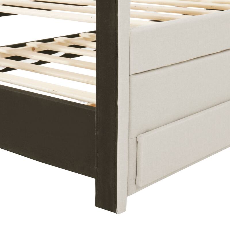 Upholstered Platform Bed Captain Bed with Trundle and 3 Drawers, Vertical Striped Linen Headboard and Footboard Slats Support