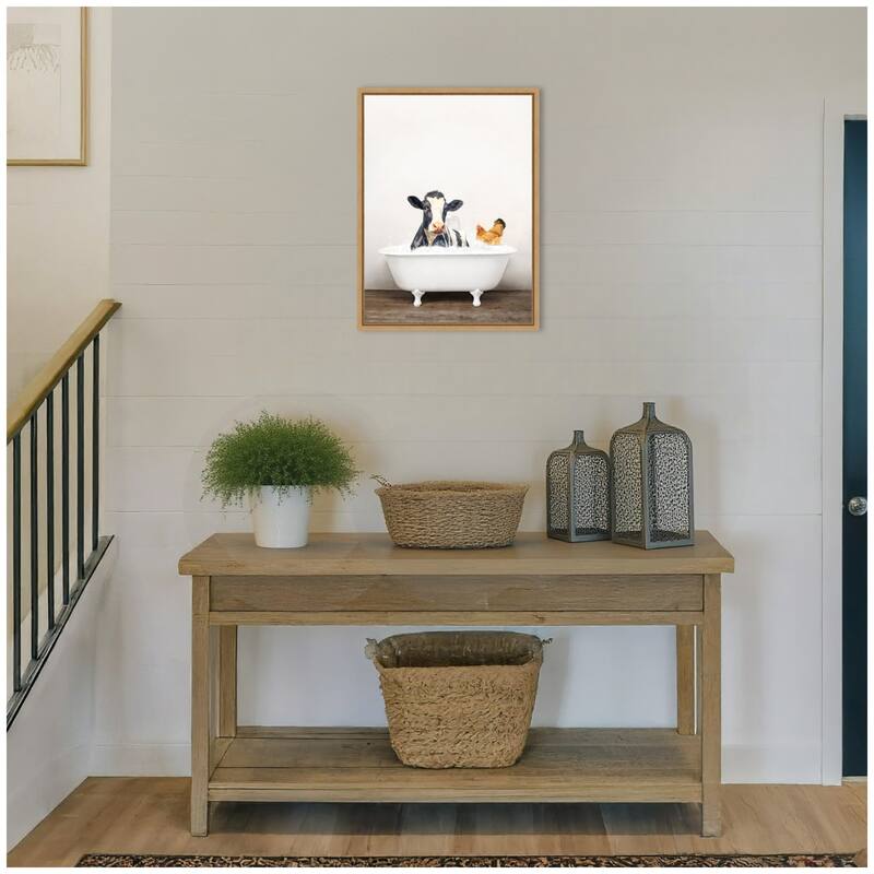 Kate and Laurel Sylvie Cow and Chicken in Rustic Bathtub Framed Canvas by Amy Peterson
