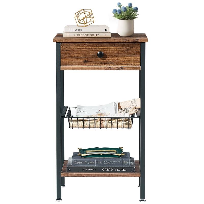 Javlergo 3-tier Nightstand with 1-Drawer and Mesh Basket, Brown