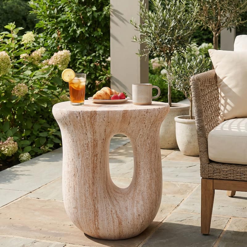 Christopher Knight Home - Modern Indoor/Outdoor 18.9"H U-Shaped Faux Marble MgO Accent Side Table with Unique Veining - Beige,marble