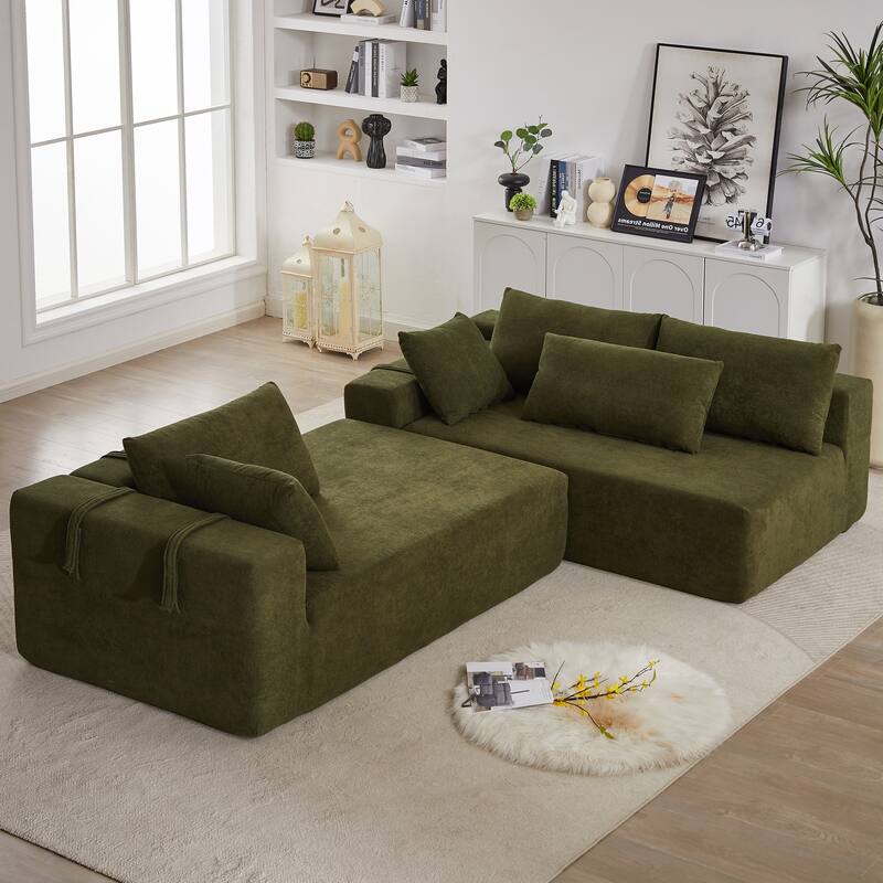 Chenille Upholstered Sectional Sofa Floor Modular Couch Bed L Shaped Sofa Set with 6 Pillows, 2pc Loveseat Chaise Lounge